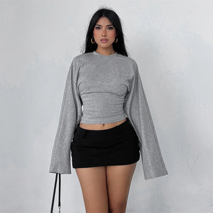 Women Solid Color Round Neck Front Shoulder Wide Long Sleeves Cinched Waist Slim Crop Top Daily Casual Simple Versatile Tops