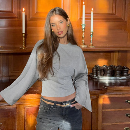 Women Solid Color Round Neck Front Shoulder Wide Long Sleeves Cinched Waist Slim Crop Top Daily Casual Simple Versatile Tops