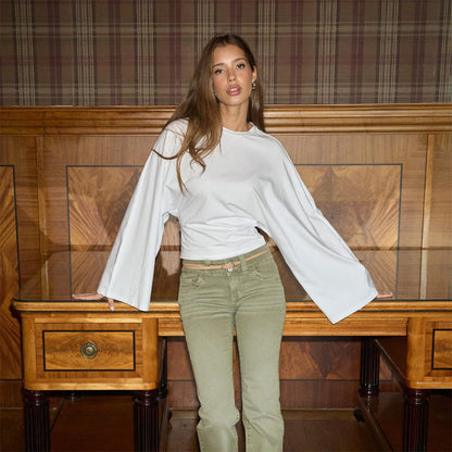 Women Solid Color Round Neck Front Shoulder Wide Long Sleeves Cinched Waist Slim Crop Top Daily Casual Simple Versatile Tops