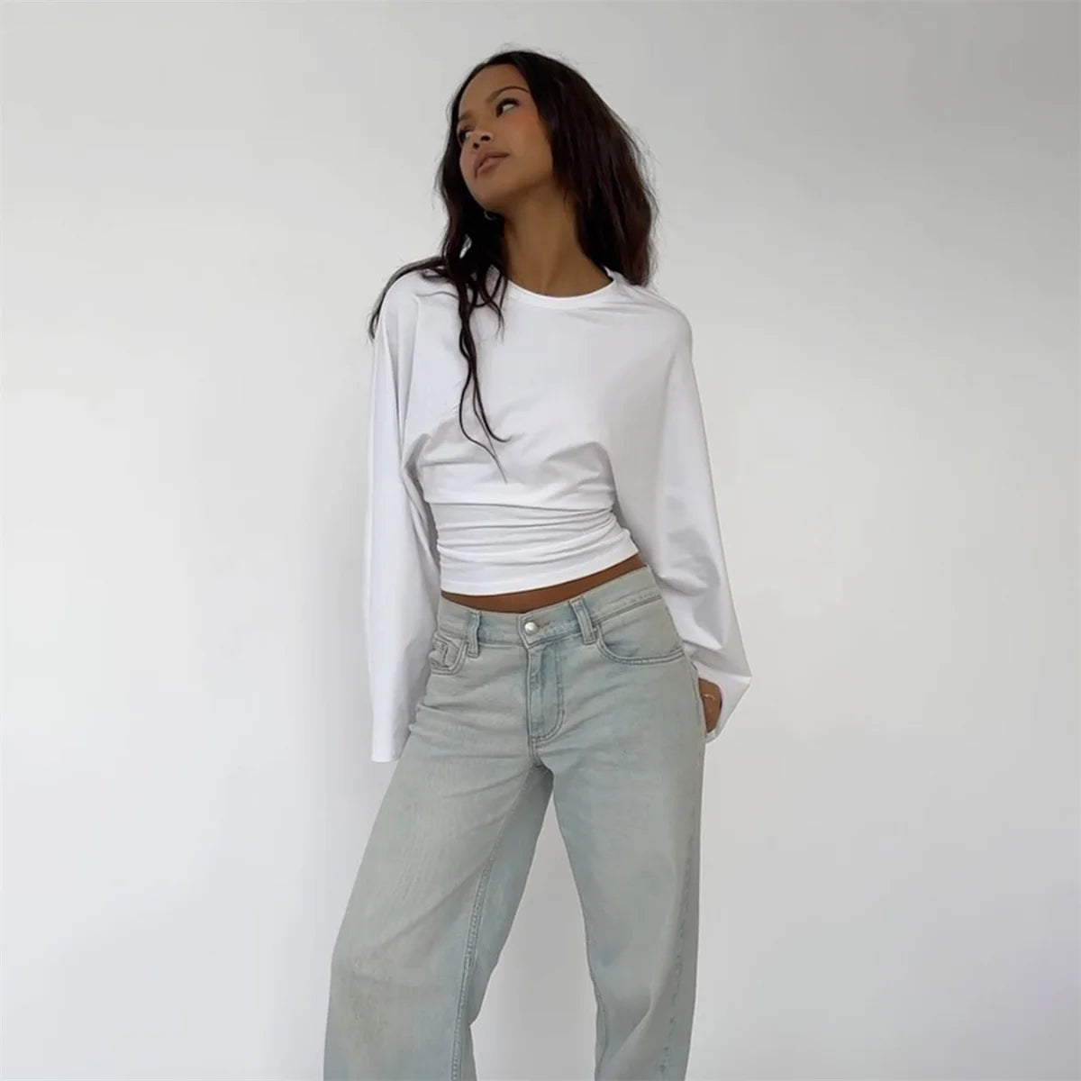 Women Solid Color Round Neck Front Shoulder Wide Long Sleeves Cinched Waist Slim Crop Top Daily Casual Simple Versatile Tops