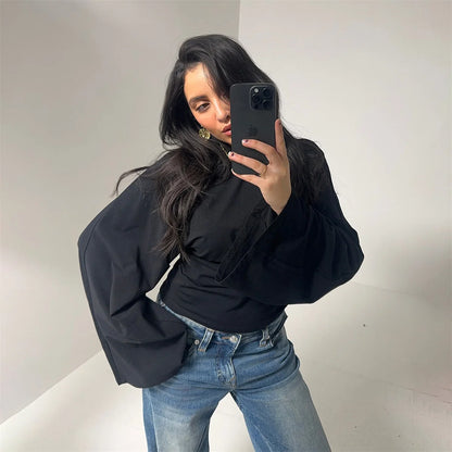 Women Solid Color Round Neck Front Shoulder Wide Long Sleeves Cinched Waist Slim Crop Top Daily Casual Simple Versatile Tops