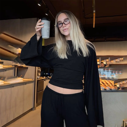 Women Solid Color Round Neck Front Shoulder Wide Long Sleeves Cinched Waist Slim Crop Top Daily Casual Simple Versatile Tops