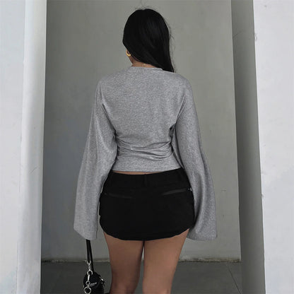 Women Solid Color Round Neck Front Shoulder Wide Long Sleeves Cinched Waist Slim Crop Top Daily Casual Simple Versatile Tops