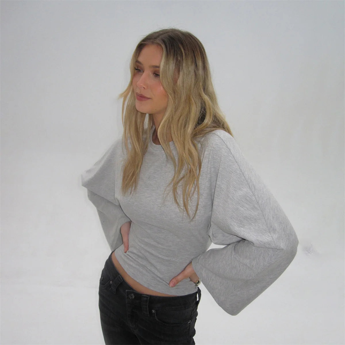 Women Solid Color Round Neck Front Shoulder Wide Long Sleeves Cinched Waist Slim Crop Top Daily Casual Simple Versatile Tops