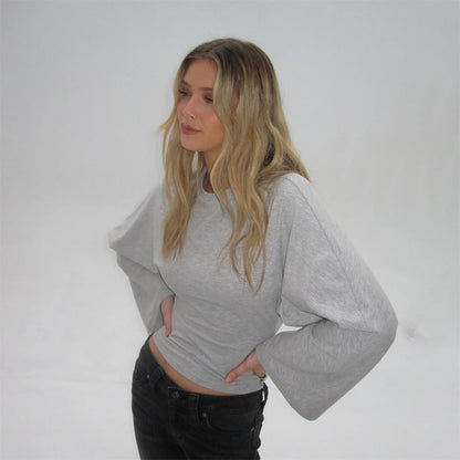 Women Solid Color Round Neck Front Shoulder Wide Long Sleeves Cinched Waist Slim Crop Top Daily Casual Simple Versatile Tops