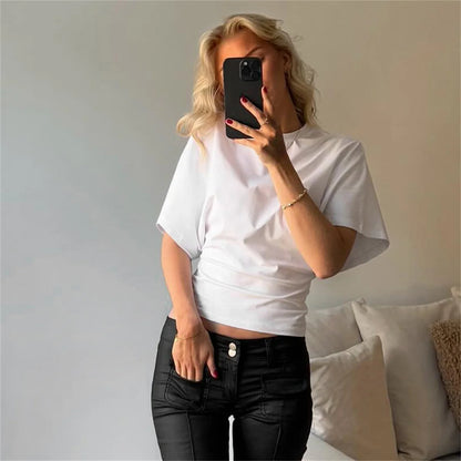 Women Solid Color Round Neck Front Shoulder Wide Long Sleeves Cinched Waist Slim Crop Top Daily Casual Simple Versatile Tops