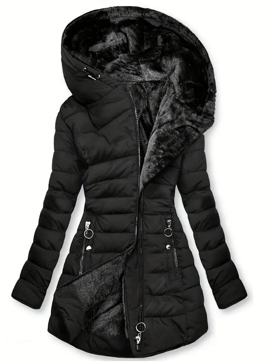 Women's Zip-Up Hoodie Puffy Coat with Pockets, Faux Fur Lined Warm Winter Jacket, Casual Long Sleeve Outerwear