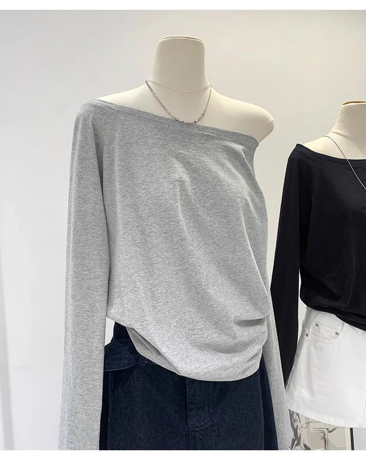 One Shoulder Cotton Slant Shoulder Long Sleeve Women's Clothing Style Interior Wide Truffle Shoulder Base Autumn Winter Shirt
