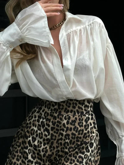 Bornladies Autumn Women's Fashionable Loose Collared Shirt Office Lady Solid Color Versatile Flare sleeve Top Long Sleeved Shirt