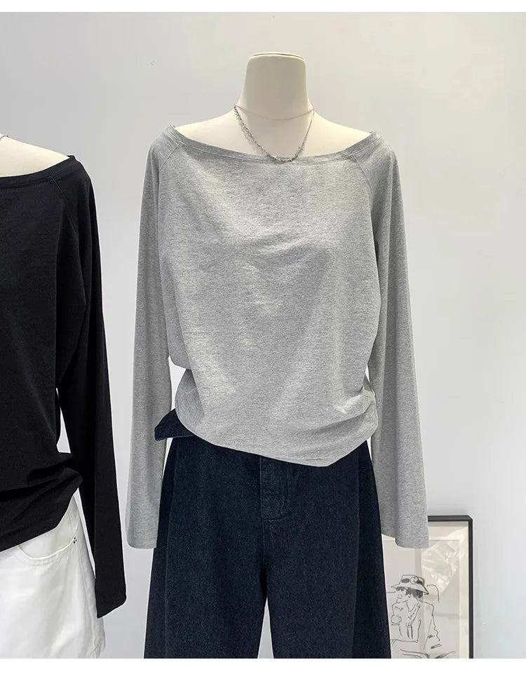 One Shoulder Cotton Slant Shoulder Long Sleeve Women's Clothing Style Interior Wide Truffle Shoulder Base Autumn Winter Shirt