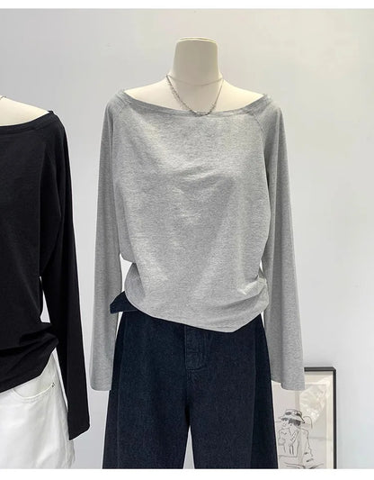 One Shoulder Cotton Slant Shoulder Long Sleeve Women's Clothing Style Interior Wide Truffle Shoulder Base Autumn Winter Shirt