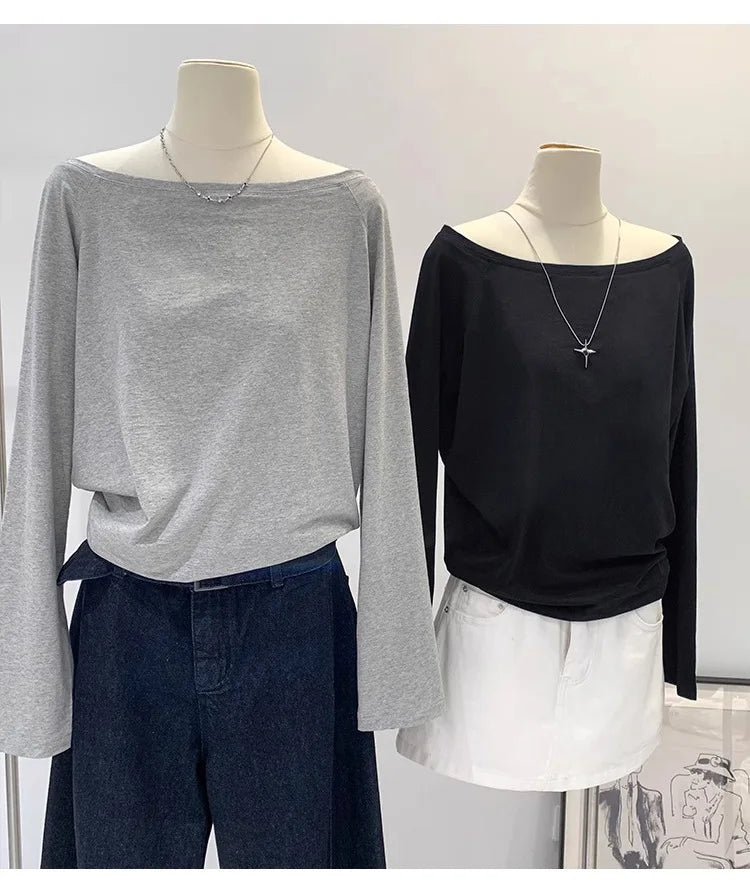 One Shoulder Cotton Slant Shoulder Long Sleeve Women's Clothing Style Interior Wide Truffle Shoulder Base Autumn Winter Shirt