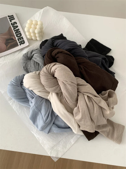 Silk Wool Splice Long Sleeve T-shirt Women Spring Summer Thin Soft Waxy Fit Solid Color Backing Top