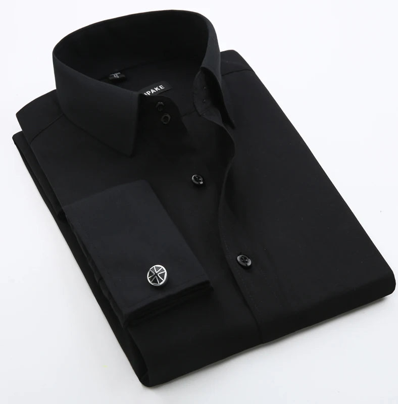 Men's French cufflinks shirt, men's slim fit long sleeved business sleeve nail free business formal men's solid color shirt