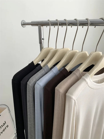 Silk Wool Splice Long Sleeve T-shirt Women Spring Summer Thin Soft Waxy Fit Solid Color Backing Top