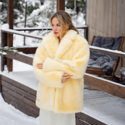 Neo Mint Women Winter 2024 High Quality Luxury Faux Fur Coat Thicken Warm Overcoat Outerwear Hot Girls Solid Long Fox Fur Jacket