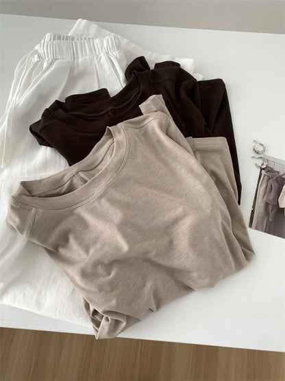 Silk Wool Splice Long Sleeve T-shirt Women Spring Summer Thin Soft Waxy Fit Solid Color Backing Top