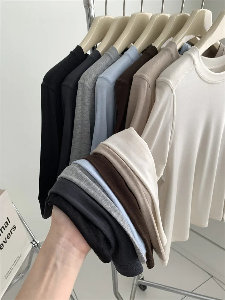 Silk Wool Splice Long Sleeve T-shirt Women Spring Summer Thin Soft Waxy Fit Solid Color Backing Top