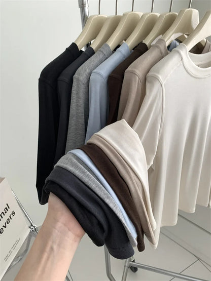 Silk Wool Splice Long Sleeve T-shirt Women Spring Summer Thin Soft Waxy Fit Solid Color Backing Top