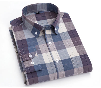 Men's Trendy Striped Lapel Collar Design Cotton Dress Shirts, Long Sleeve Casual Button Up Commuter Shirt For Spring/Fall