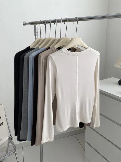 Silk Wool Splice Long Sleeve T-shirt Women Spring Summer Thin Soft Waxy Fit Solid Color Backing Top
