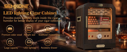 Cigar Humidor, Lighted Control Magnetic Door, with Cigar Accessory Drawer and 2 humidifiers 3 Layer Large Capacity Storage