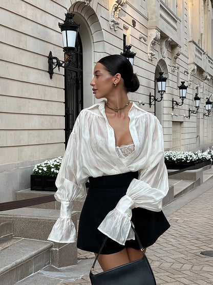 Bornladies Autumn Women's Fashionable Loose Collared Shirt Office Lady Solid Color Versatile Flare sleeve Top Long Sleeved Shirt