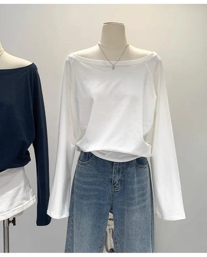 One Shoulder Cotton Slant Shoulder Long Sleeve Women's Clothing Style Interior Wide Truffle Shoulder Base Autumn Winter Shirt