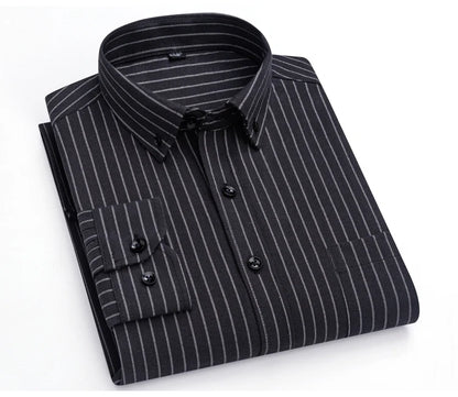 Men's Trendy Striped Lapel Collar Design Cotton Dress Shirts, Long Sleeve Casual Button Up Commuter Shirt For Spring/Fall