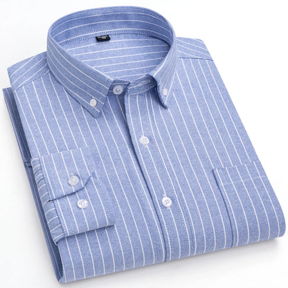 Men's Trendy Striped Lapel Collar Design Cotton Dress Shirts, Long Sleeve Casual Button Up Commuter Shirt For Spring/Fall