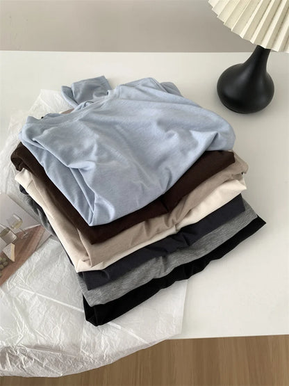 Silk Wool Splice Long Sleeve T-shirt Women Spring Summer Thin Soft Waxy Fit Solid Color Backing Top