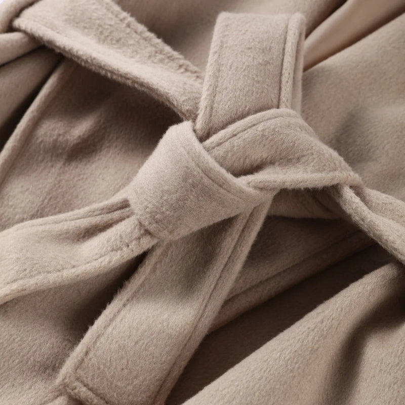 Solid Lace Up Faux Fur Sleeve Jacket Woman Elegant Mid-length V-neck Woolen Blend Coat Autumn Casual Fashion Scarf Outwear 2025