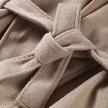 Solid Lace Up Faux Fur Sleeve Jacket Woman Elegant Mid-length V-neck Woolen Blend Coat Autumn Casual Fashion Scarf Outwear 2025