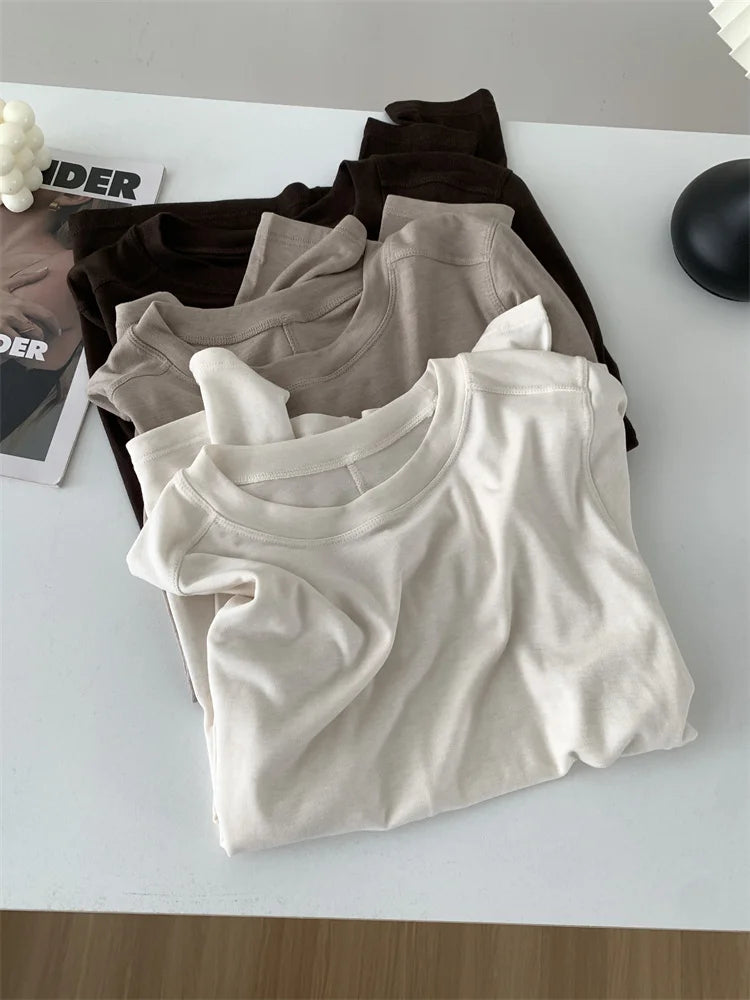 Silk Wool Splice Long Sleeve T-shirt Women Spring Summer Thin Soft Waxy Fit Solid Color Backing Top