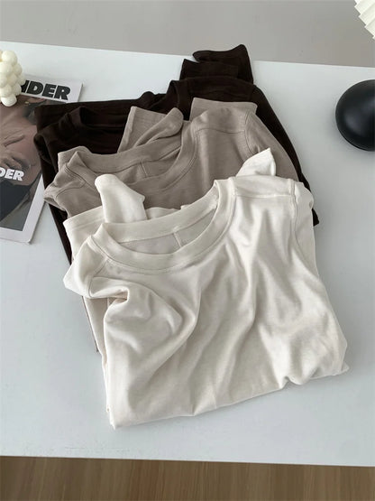 Silk Wool Splice Long Sleeve T-shirt Women Spring Summer Thin Soft Waxy Fit Solid Color Backing Top