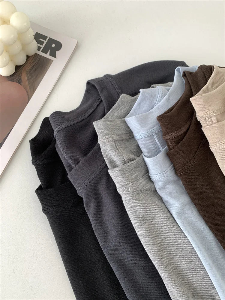 Silk Wool Splice Long Sleeve T-shirt Women Spring Summer Thin Soft Waxy Fit Solid Color Backing Top