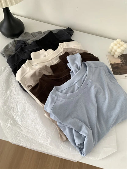 Silk Wool Splice Long Sleeve T-shirt Women Spring Summer Thin Soft Waxy Fit Solid Color Backing Top