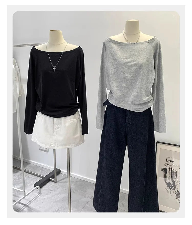 One Shoulder Cotton Slant Shoulder Long Sleeve Women's Clothing Style Interior Wide Truffle Shoulder Base Autumn Winter Shirt