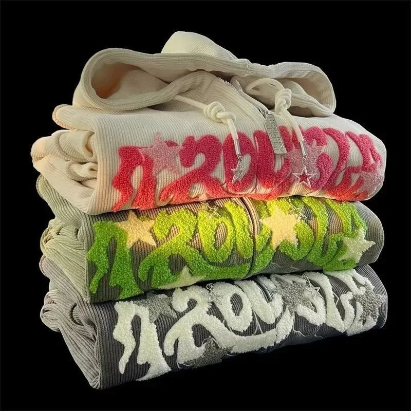 Fashion Embroidery Zip Up Hoodies Women Autumn Long Sleeve Tops Loose Hood Shirt Harajuku Y2K Clothes Female Sweatshirt Jacket