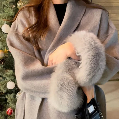 Solid Lace Up Faux Fur Sleeve Jacket Woman Elegant Mid-length V-neck Woolen Blend Coat Autumn Casual Fashion Scarf Outwear 2025