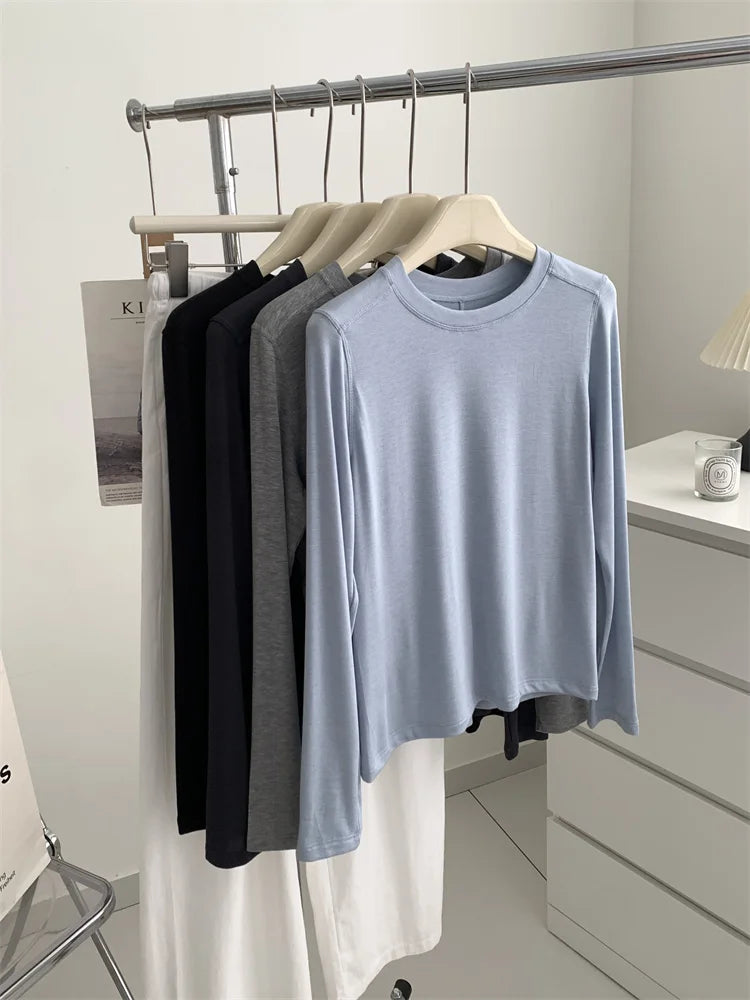 Silk Wool Splice Long Sleeve T-shirt Women Spring Summer Thin Soft Waxy Fit Solid Color Backing Top
