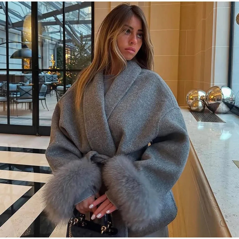 Solid Lace Up Faux Fur Sleeve Jacket Woman Elegant Mid-length V-neck Woolen Blend Coat Autumn Casual Fashion Scarf Outwear 2025