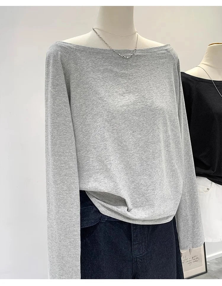One Shoulder Cotton Slant Shoulder Long Sleeve Women's Clothing Style Interior Wide Truffle Shoulder Base Autumn Winter Shirt