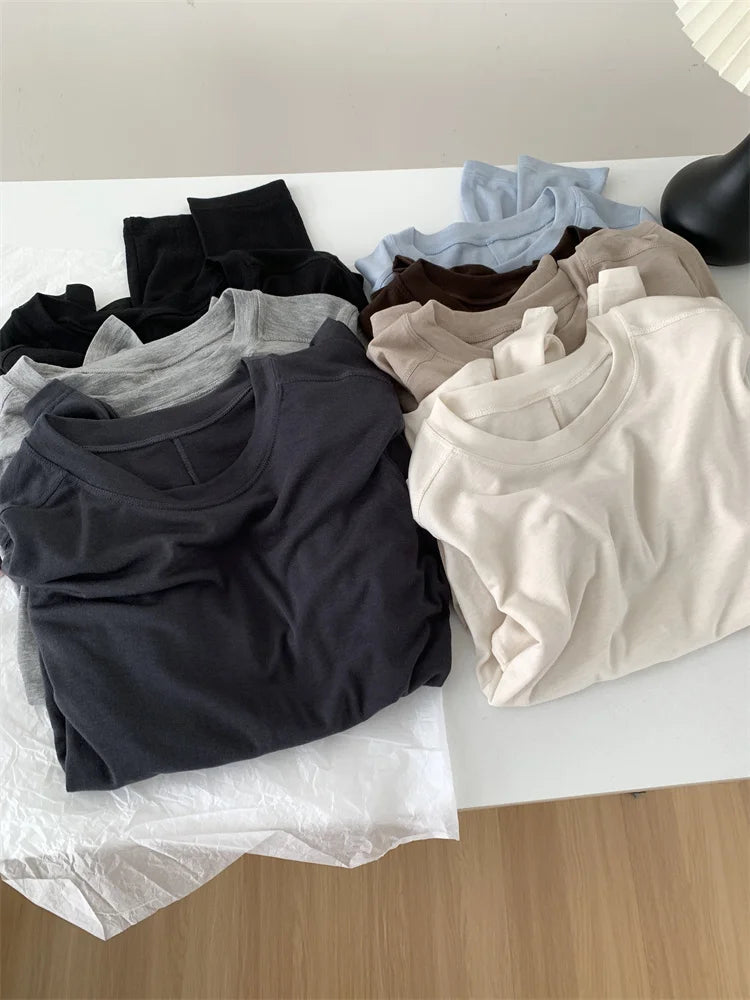 Silk Wool Splice Long Sleeve T-shirt Women Spring Summer Thin Soft Waxy Fit Solid Color Backing Top