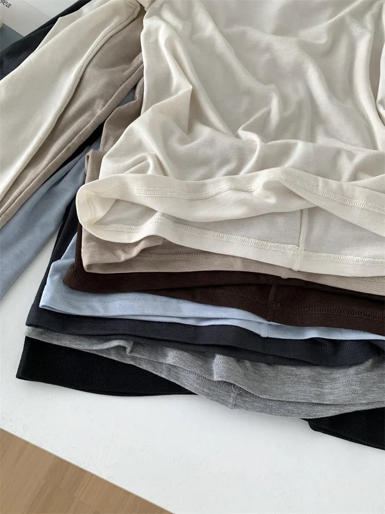 Silk Wool Splice Long Sleeve T-shirt Women Spring Summer Thin Soft Waxy Fit Solid Color Backing Top