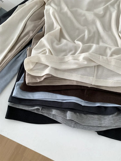 Silk Wool Splice Long Sleeve T-shirt Women Spring Summer Thin Soft Waxy Fit Solid Color Backing Top