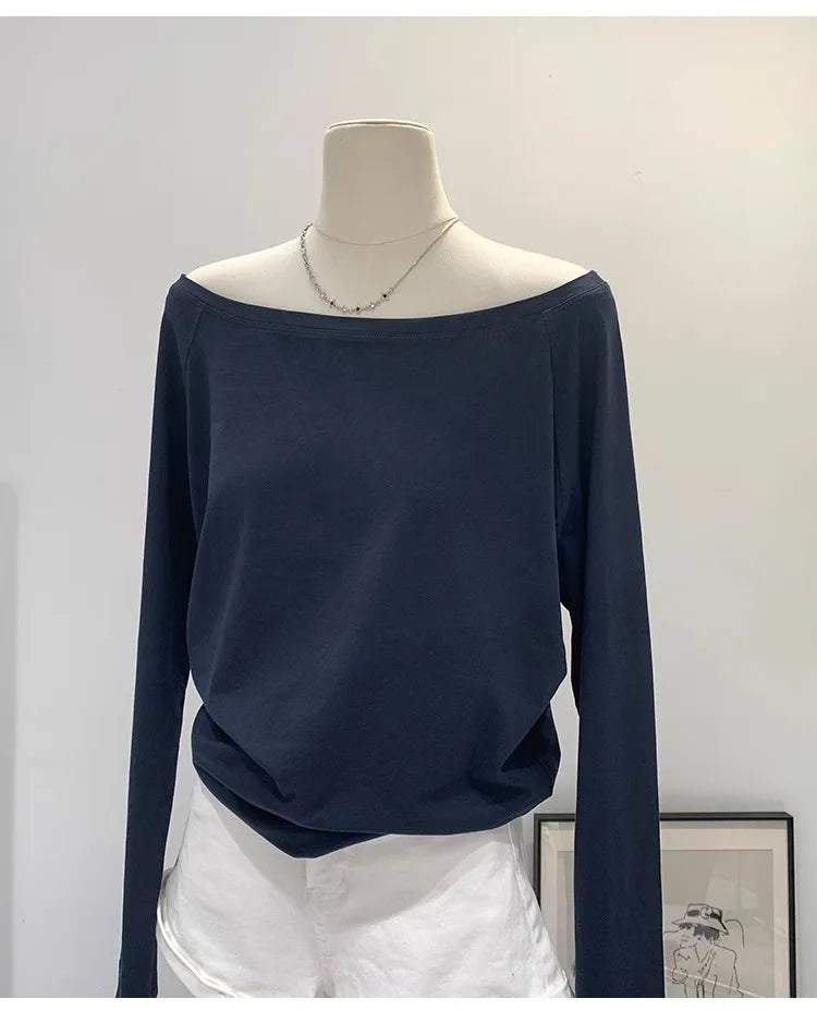 One Shoulder Cotton Slant Shoulder Long Sleeve Women's Clothing Style Interior Wide Truffle Shoulder Base Autumn Winter Shirt