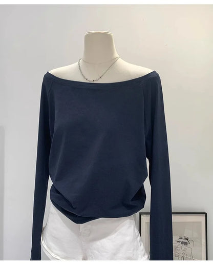One Shoulder Cotton Slant Shoulder Long Sleeve Women's Clothing Style Interior Wide Truffle Shoulder Base Autumn Winter Shirt