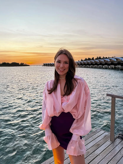 Bornladies Autumn Women's Fashionable Loose Collared Shirt Office Lady Solid Color Versatile Flare sleeve Top Long Sleeved Shirt