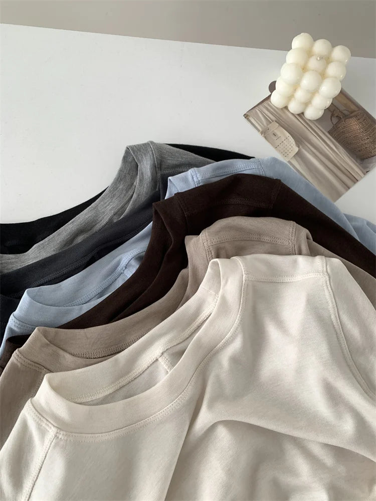 Silk Wool Splice Long Sleeve T-shirt Women Spring Summer Thin Soft Waxy Fit Solid Color Backing Top